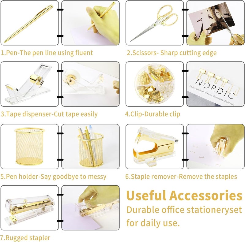 yuun Gold Desk Accessories, Office Supplies Set with Acrylic Stapler, Tape Dispenser, Staple Remover, Pen Holder, Scissor, Binder Paper Clips, 1 Ballpoint Pen, 1 Clear Tape and 1000pcs Staples - Image 3
